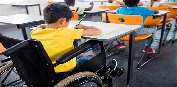 Image d'un garçon en fauteuil roulant de dos dans une classe